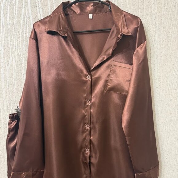 Brown Pajama Set – Long Sleeve Button Top & Wide-Leg Pants (L) - Picture 7 of 8